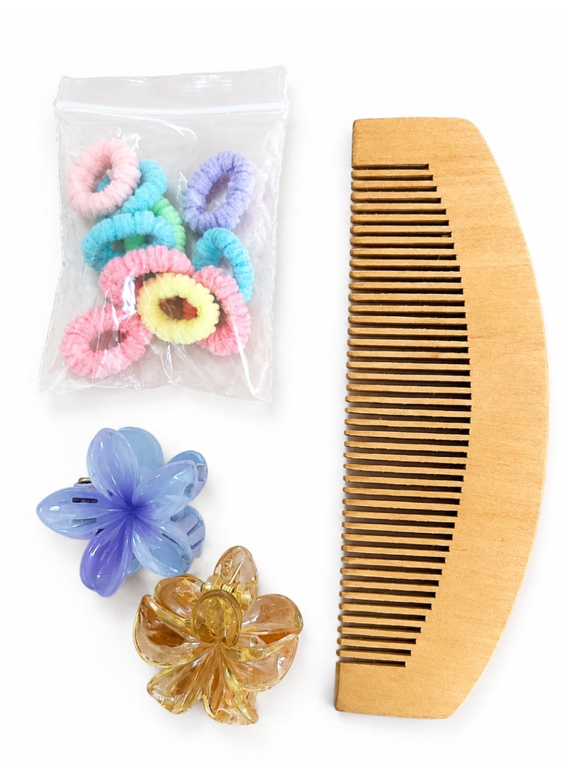 Wooden hair comb with 10 fabric hair tonics and 2 plastic tonics