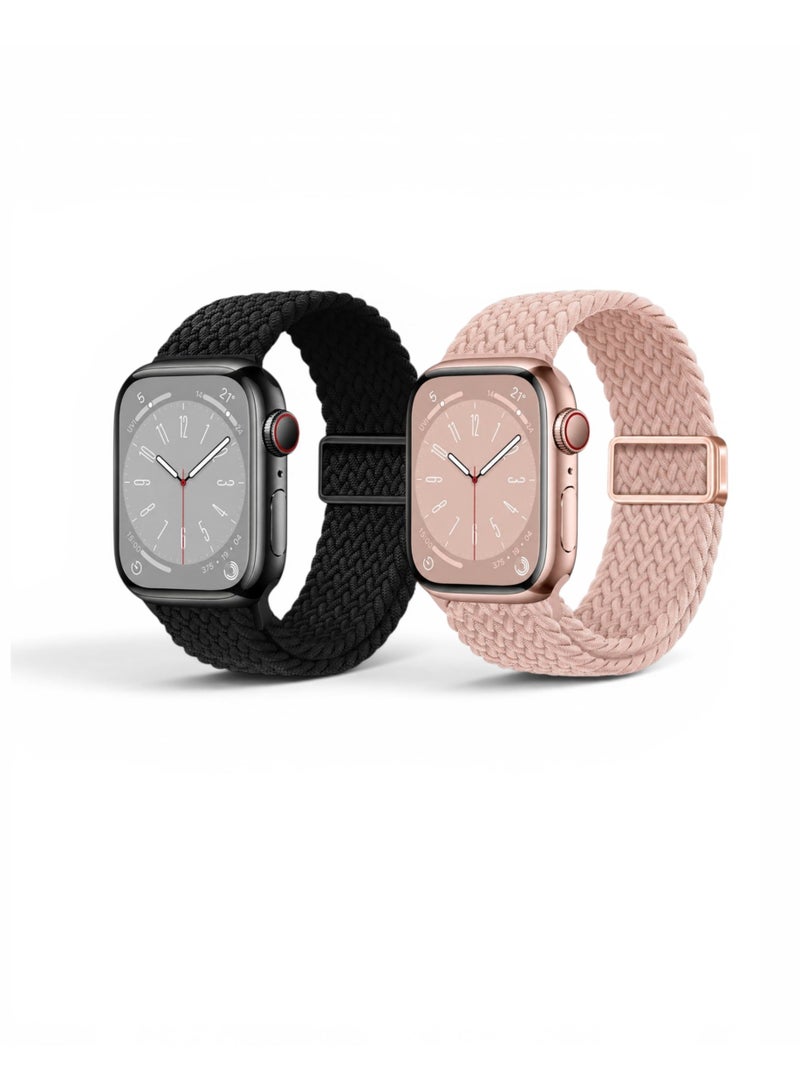 أركس سوار Apple Watch مقاس 44/45/46/49 ملم متوافق مع Series 3 إلى 11 و SE و Ultra – نايلون مطاطي منسوج مع قفل مغناطيسي – باقة أسود ووردي - Image 1