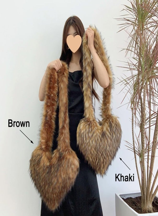 Rejolly Heart Shaped Furry Purse for Women Soft Crossbody Bag Large Fluffy Faux Fur Trendy Y2K Shoulder Bags for Girls Brown - Image 5