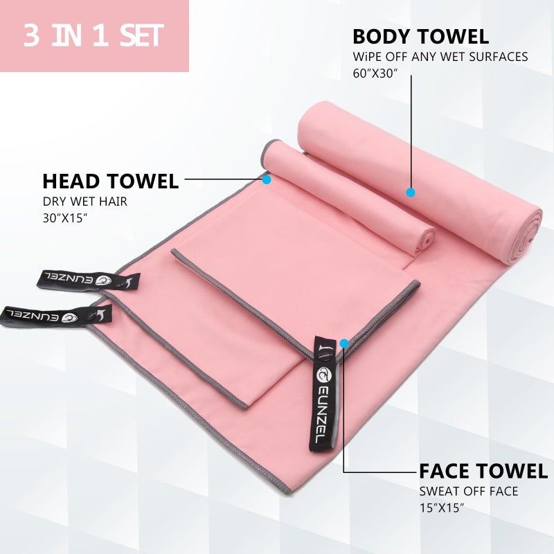 Eunzel Quick Dry Camping Towel, Microfiber Travel Towel 3 Size at 1 Pack,Fast Drying Towel Set for Camping, Beach, Gym, Sports, Yoga & Swimming Pool, Pink - Image 2