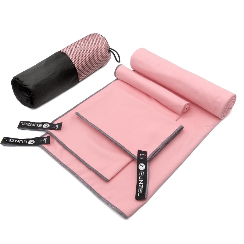 Eunzel Quick Dry Camping Towel, Microfiber Travel Towel 3 Size at 1 Pack,Fast Drying Towel Set for Camping, Beach, Gym, Sports, Yoga & Swimming Pool, Pink - Image 1