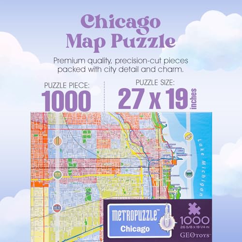 Geotoys جيو توي Metropuzzle، بازل شيكاغو 1000 قطعة - 27 × 19 لغز جغرافيا شيكاغو المفصل، بازل تحدي للكبار، بازل ممتع للكبار بألوان زاهية، يشمل ملصق الخريطة - Image 3