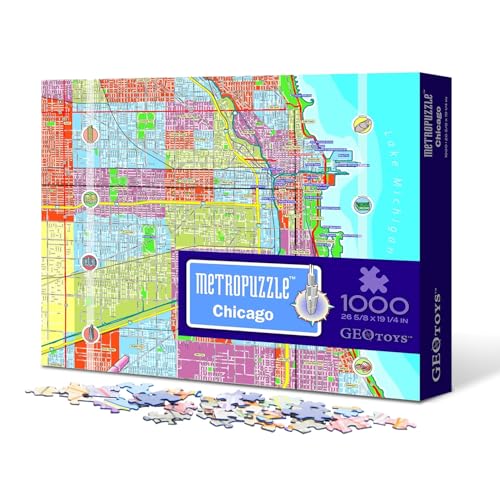 Geotoys جيو توي Metropuzzle، بازل شيكاغو 1000 قطعة - 27 × 19 لغز جغرافيا شيكاغو المفصل، بازل تحدي للكبار، بازل ممتع للكبار بألوان زاهية، يشمل ملصق الخريطة - Image 1