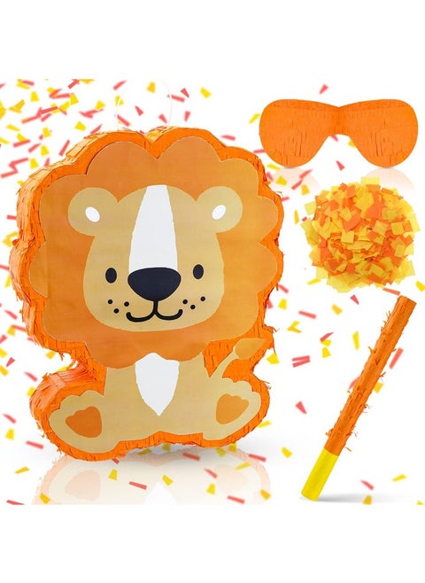 Lion Piñata With Piñata Stick Blindfold Confetti Set Safari Animals Piñata Wild Jungle Theme Piñata For Zoo Animal Birthday Carnival Party Decoration Supplies, 14.76 X 11.8 X 2.8 Inches