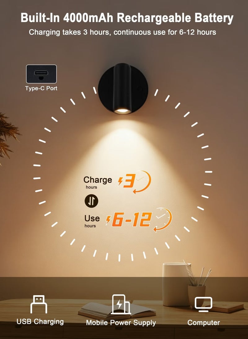 LED Wall Lamp, Wall-Mounted Lamp with 3 Color Temperatures, Dimmable 360° Rotation Function, Rechargeable Battery Reading Light for Living Room, Bedroom, Hallway and Nightstand (Black) - Image 4