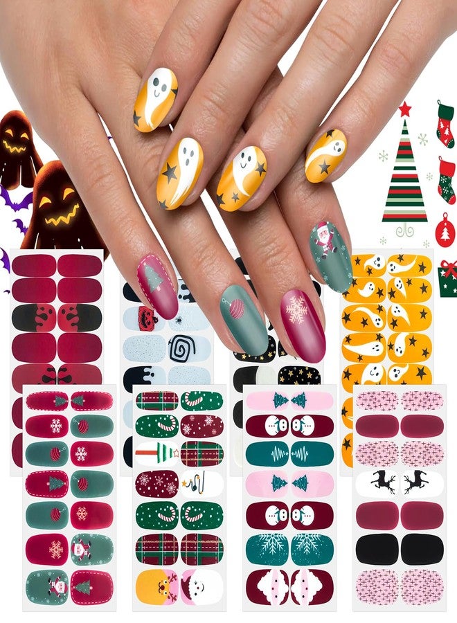 SILPECWEE 8 Sheets Nail Polish Strips for Women Nail Stickers Full Nail Wraps Halloween Christmas Adhesive Gel Strips Stick on Nails Holiday Design Manicure Stickers with 1pc File - Image 1