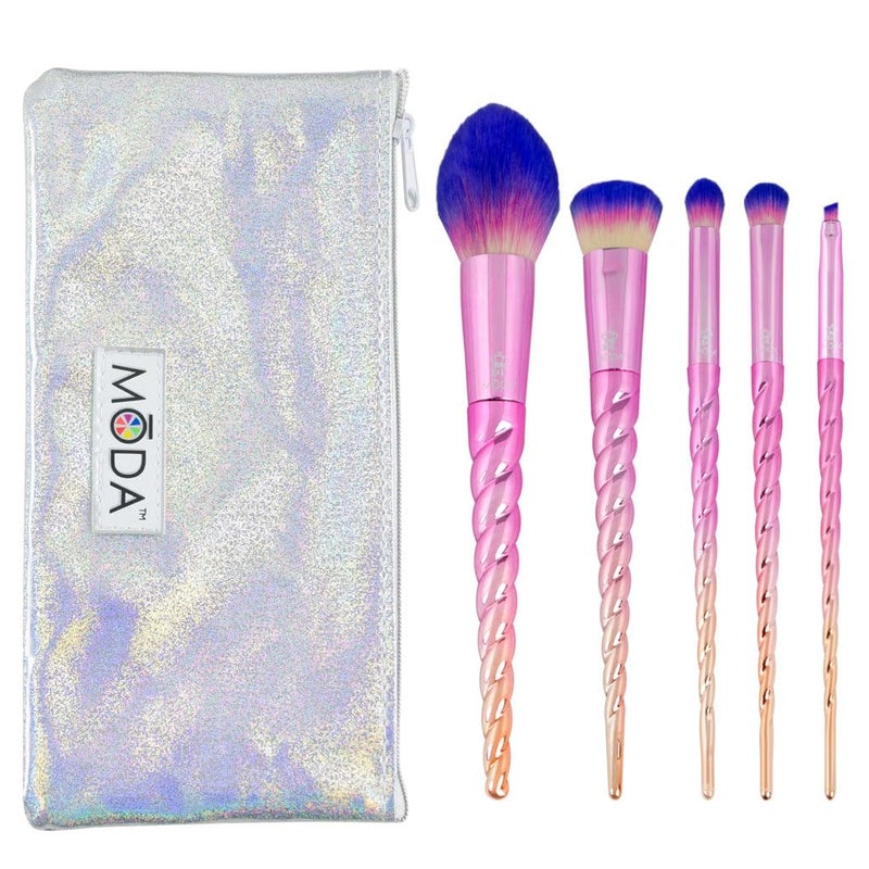 MODA Royal & Langnickel Travel Size Unicorn Complete Face 6pc Makeup Brush Set with Pouch, Includes - Blush, Complexion, Domed Shadow, Crease, and Angle Eyeliner Brushes, Mythical Ombre
