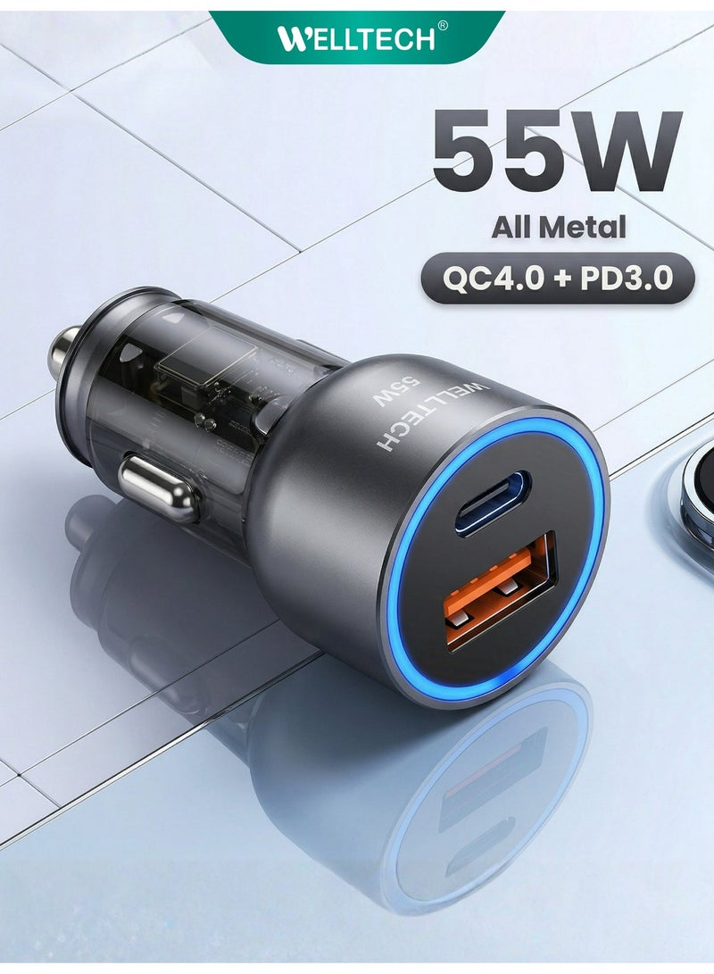 WELLTECH Super Fast Car Charger USB-C PD Fast Charging Car Adapter Dual Port for iPhone Samsung Android Compact Car Charger – Welltech CC-W018 - Image 1