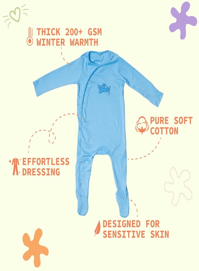 FawnFeel Premium Cotton Full Sleeve Sleepsuit/Romper for Boys/Girls New Born Baby- Blue - Solid (Blue Aeroplane Print, 9-12 Months) - Image 4