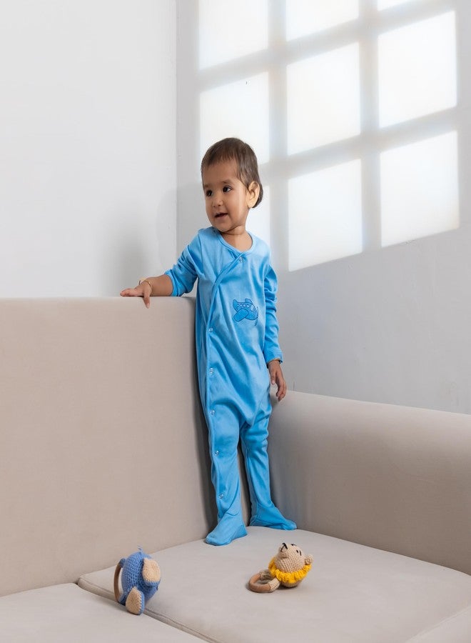 FawnFeel Premium Cotton Full Sleeve Sleepsuit/Romper for Boys/Girls New Born Baby- Blue - Solid (Blue Aeroplane Print, 9-12 Months) - Image 2