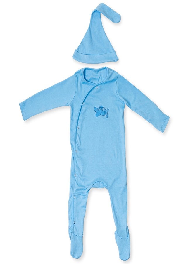 FawnFeel Premium Cotton Full Sleeve Sleepsuit/Romper for Boys/Girls New Born Baby- Blue - Solid (Blue Aeroplane Print, 9-12 Months) - Image 1