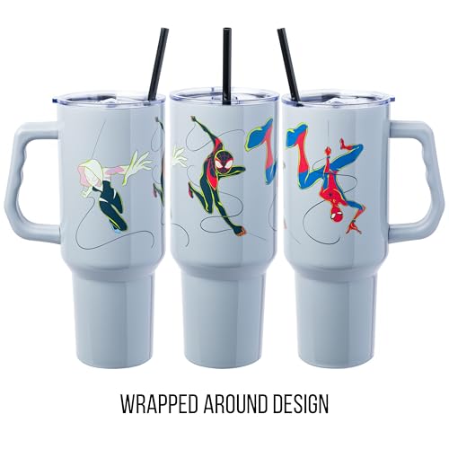 Silver Buffalo Marvel Spider-Man Featuring Spider-Gwen and Miles Morales Double Walled Stainless Steel Tumbler with Handle and Straw, Fits in Standard Cup Holder, 40 Ounces - Image 2