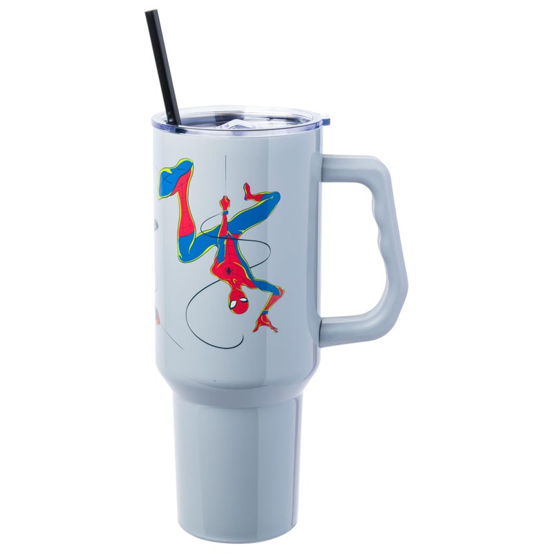 Silver Buffalo Marvel Spider-Man Featuring Spider-Gwen and Miles Morales Double Walled Stainless Steel Tumbler with Handle and Straw, Fits in Standard Cup Holder, 40 Ounces - Image 5