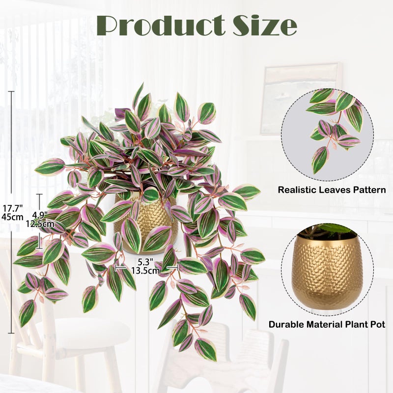 Briful Faux Plants Indoor 17.7in Fake Watermelon Peperomia Plant in Gold Pot with Realistic Silk Pink Leaves Artificial Potted Plant for Home Office Table Shelf Desk Modern Room Decor - Image 2