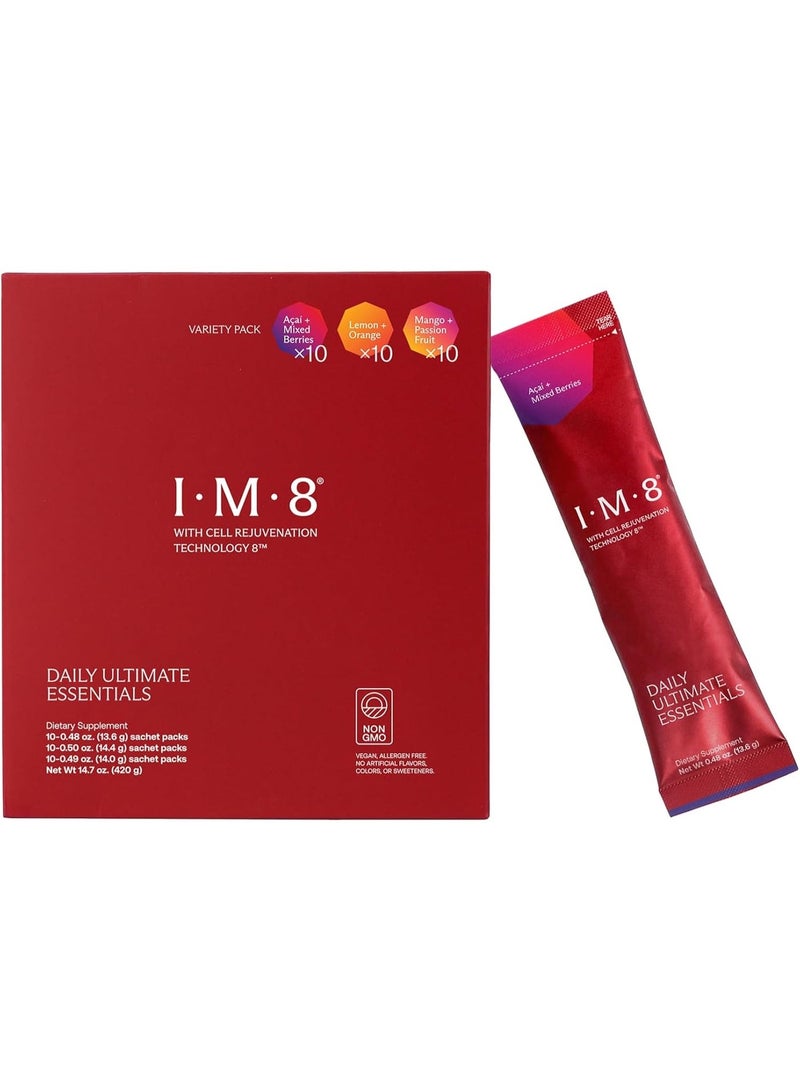 IM8 Daily Ultimate Essentials All-in-One Multivitamin Supplement, 92 Nutrient Rich Ingredients CoQ10, Probiotics, Vitamins, Greens, Gluten Free, Vegan (30 Packets, Variety Pack) - Image 1