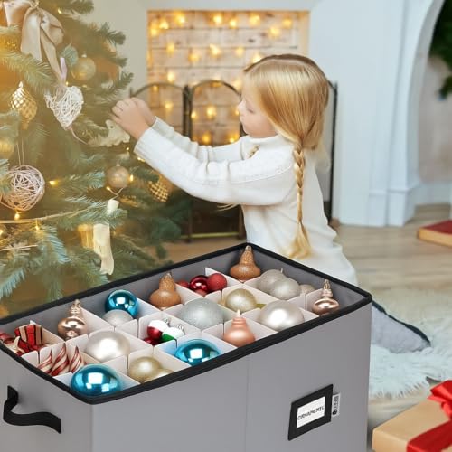 HOLDN’ STORAGE Christmas Ornament Storage Container with Dividers - Box Stores Up to 54 Ornaments, Zippered, Convenient, Adjustable, Large Organizer Bin to Protect Holiday Décor, Fits Most Standard Size, Grey - Image 2