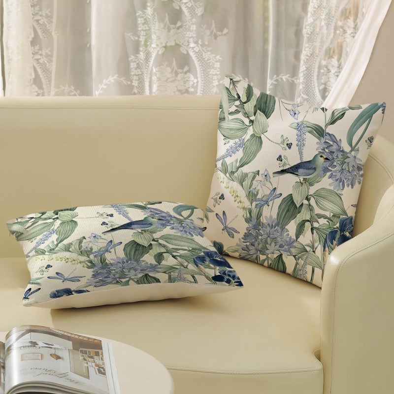 JEFERSO Chinoiserie Pillow Covers 18x18 Set of 2 Blue Green Floral Bird Pillow Cases Vintage Flower Seasonal Outdoor Throw Pillows Linen Farmhouse Chinoiserie Decorative Cushion Case for Couch Sofa - Image 5