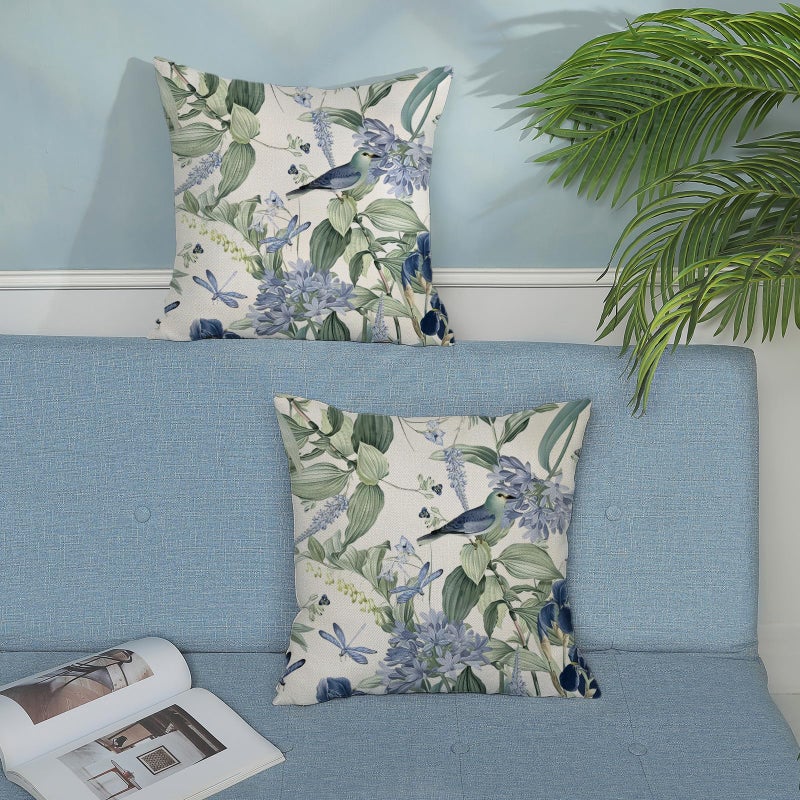 JEFERSO Chinoiserie Pillow Covers 18x18 Set of 2 Blue Green Floral Bird Pillow Cases Vintage Flower Seasonal Outdoor Throw Pillows Linen Farmhouse Chinoiserie Decorative Cushion Case for Couch Sofa - Image 4