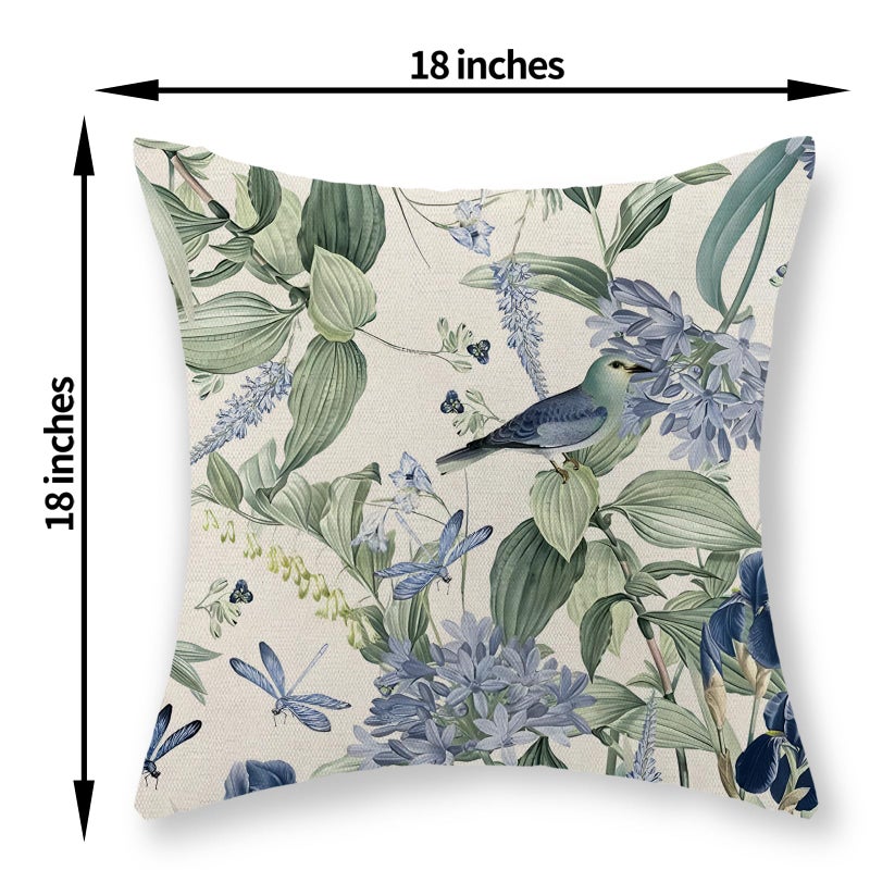 JEFERSO Chinoiserie Pillow Covers 18x18 Set of 2 Blue Green Floral Bird Pillow Cases Vintage Flower Seasonal Outdoor Throw Pillows Linen Farmhouse Chinoiserie Decorative Cushion Case for Couch Sofa - Image 2