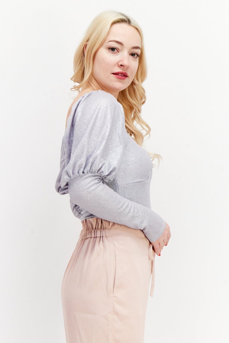 Miss Selfridge Women Square Neck Long Sleeve Metallic Blouse, Silver - Image 3