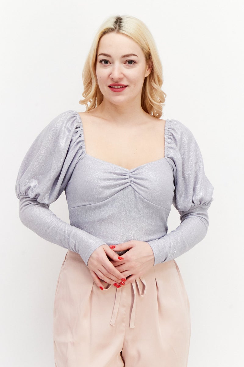 Miss Selfridge Women Square Neck Long Sleeve Metallic Blouse, Silver - Image 1
