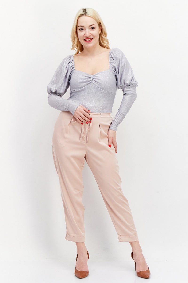 Miss Selfridge Women Square Neck Long Sleeve Metallic Blouse, Silver - Image 2