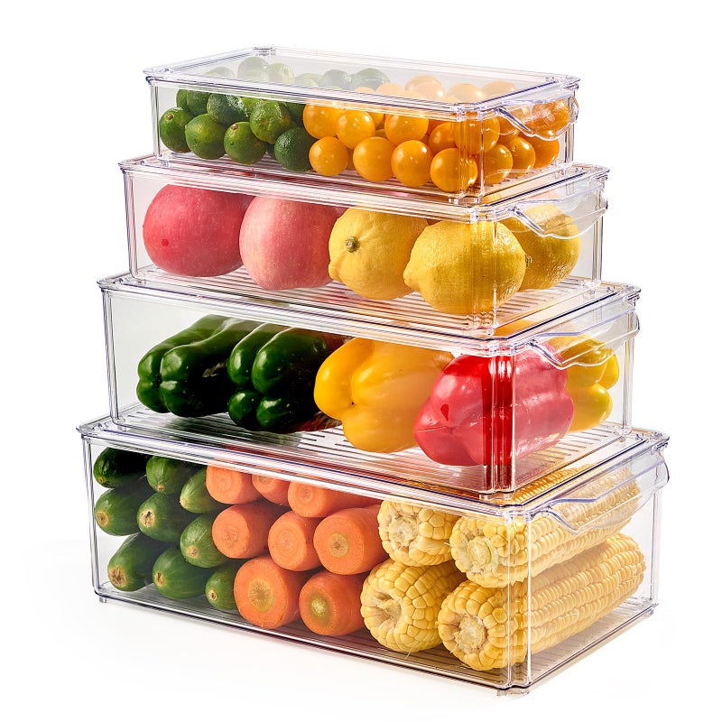 Luckore 4-Piece Refrigerator Organizer Bins | Clear Fridge Organizers | Stackable with Lids | Food Storage Containers - Image 1