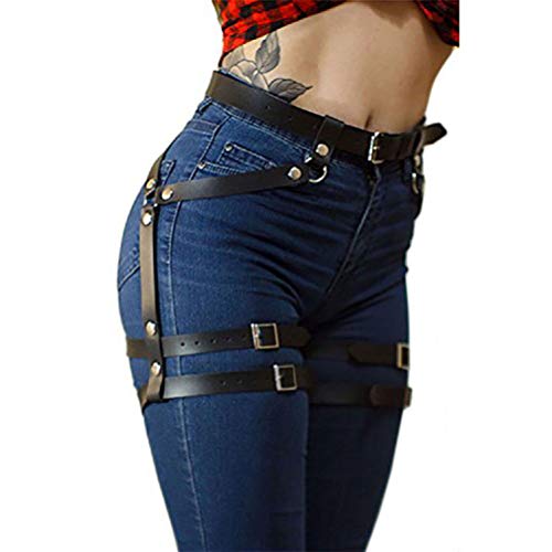Newfancy Women's PU Leather Leg Garter Caged Body Harness Belt Adjustable Punk Waist Belt Festival Rave Costume, Black a, One Size - Image 1