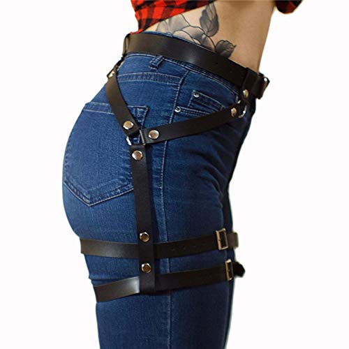 Newfancy Women's PU Leather Leg Garter Caged Body Harness Belt Adjustable Punk Waist Belt Festival Rave Costume, Black a, One Size - Image 4