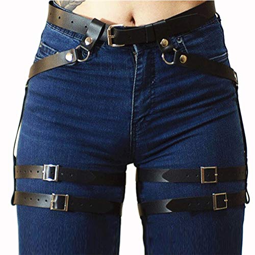Newfancy Women's PU Leather Leg Garter Caged Body Harness Belt Adjustable Punk Waist Belt Festival Rave Costume, Black a, One Size - Image 3