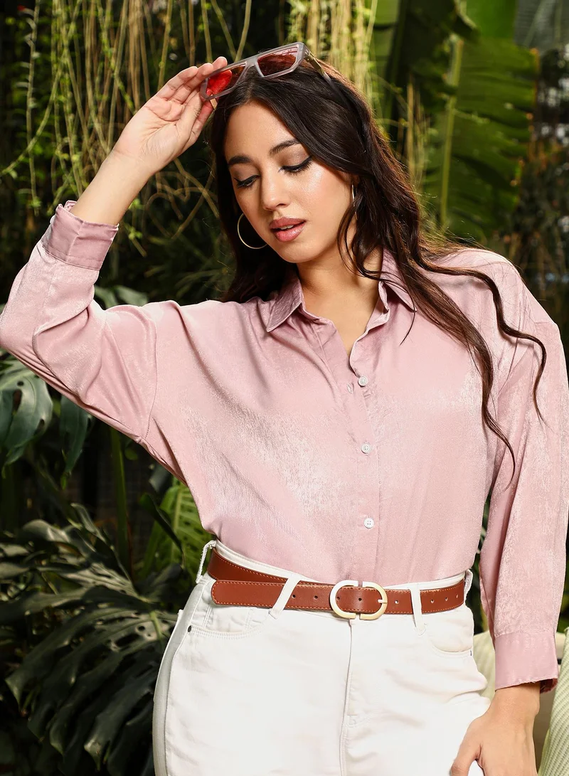 Women's Blush Pink Velvet-Satin Oversized Shirt