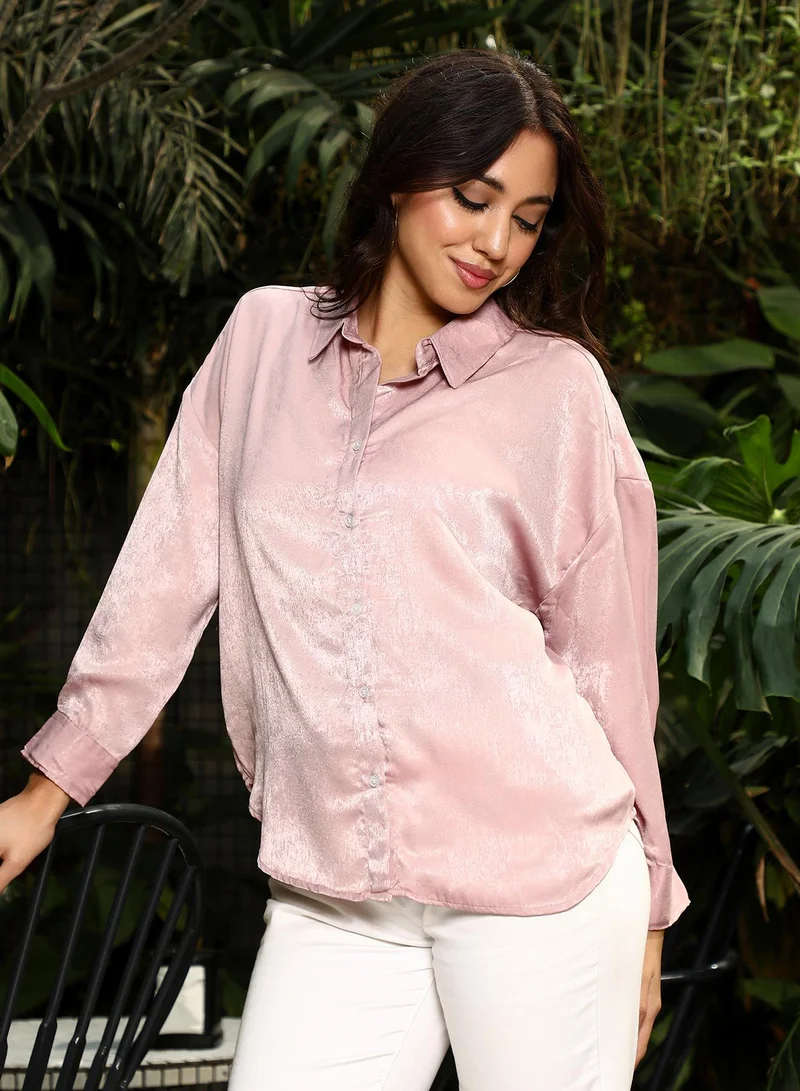 PINACOLADA  Women's Blush Pink Velvet-Satin Oversized Shirt for Women | Best Price UAE