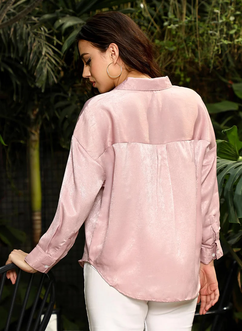 PINACOLADA  Women's Blush Pink Velvet-Satin Oversized Shirt for Women | Best Price UAE