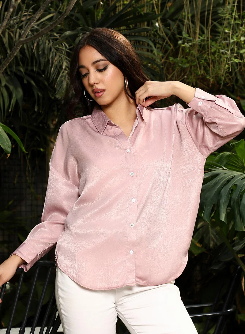 PINACOLADA  Women's Blush Pink Velvet-Satin Oversized Shirt for Women | Best Price UAE