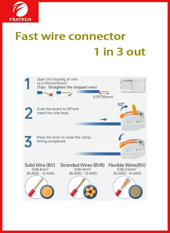 FSATECH 10 قطع سلك قابل للتوصيل بدون لحام، أسلاك مقسمة أحادية اللون، محطة سريعة 1 في 3 خارج - Image 3
