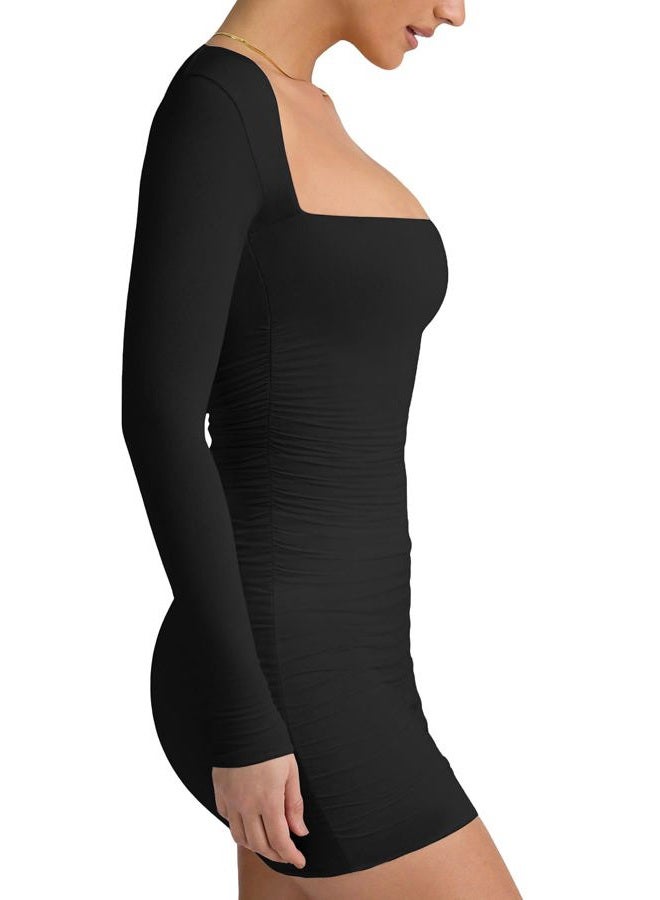 LCNBA Women's Long Sleeve Square Neck Ruched Bodycon Mini Dress, Black, L - Image 2