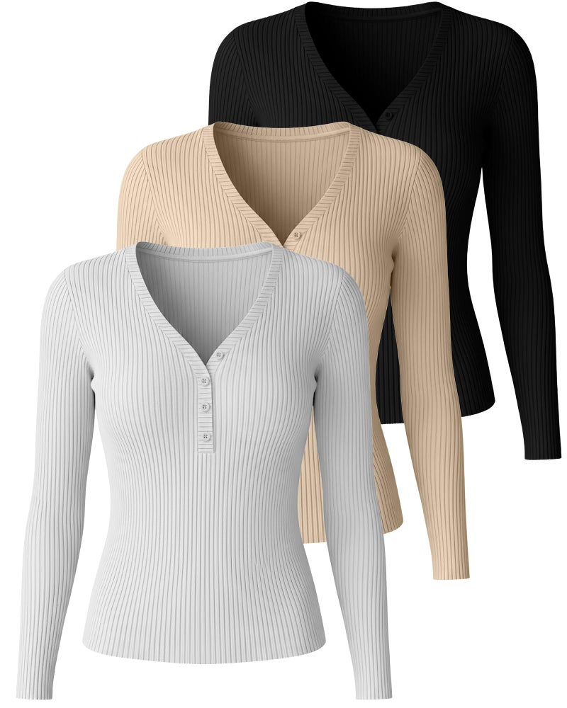 Huukeay 3 Pack Women's Ribbed Henley Long Sleeve Shirts, Button V Neck Tunic Tops Slim Fit Casual Soft Basic Knit Tee Blouse(Black, White, Khaki,L) - Image 3