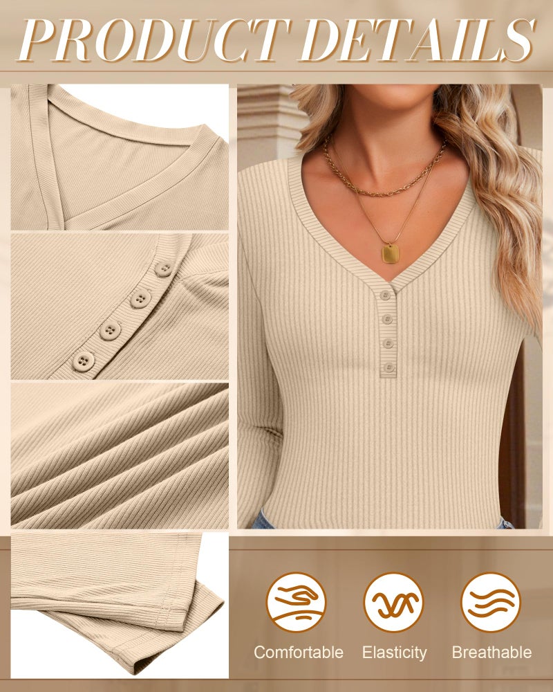 Huukeay 3 Pack Women's Ribbed Henley Long Sleeve Shirts, Button V Neck Tunic Tops Slim Fit Casual Soft Basic Knit Tee Blouse(Black, White, Khaki,L) - Image 5