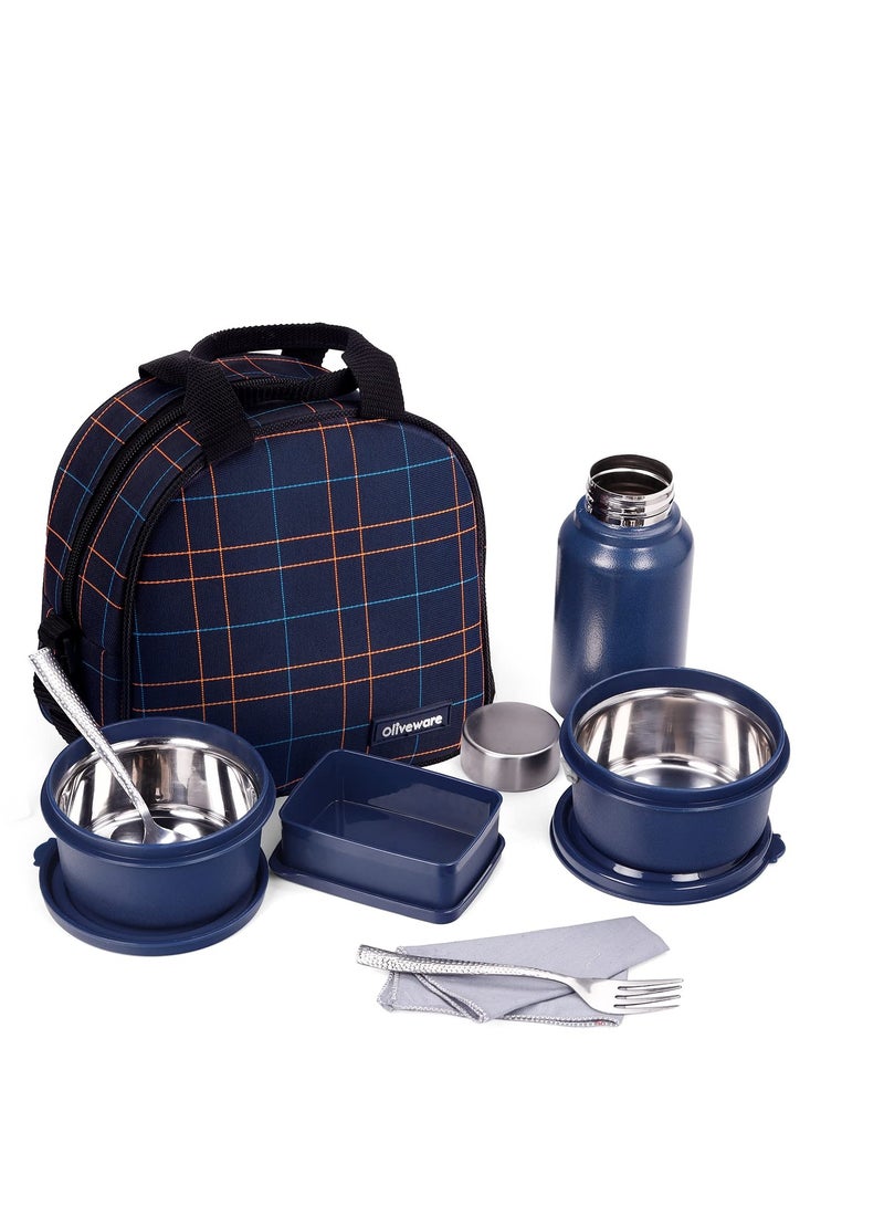 oliveware Oliveware octavia lunchbox, microwave and freezer safe, two Inside steel containers (2x450ml), plastic pickle box (130ml), steel bottle(450ml), steel cutlery and napkin - Image 1