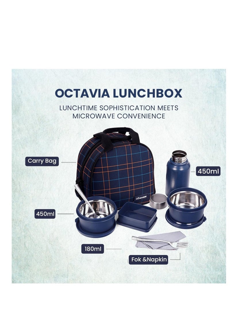 oliveware Oliveware octavia lunchbox, microwave and freezer safe, two Inside steel containers (2x450ml), plastic pickle box (130ml), steel bottle(450ml), steel cutlery and napkin - Image 3