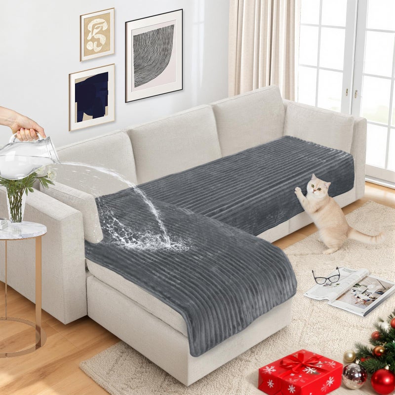 NAISI Couch Covers for Dogs Waterproof Flannel Striped Sofa Cover Pet Friendly Washable Dog Mat for Couch Anti Slip Sectional Sofa Slipcover Protector(2pcs/35"x63"+35"x70",Dark Grey) - Image 1