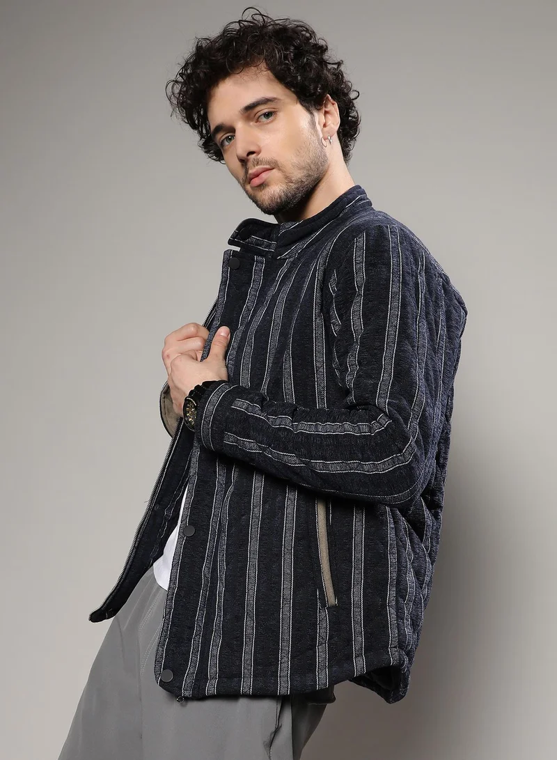 Campus Sutra Men's Navy Blue Fleece Block Denim Jacket For Casual Wear | Spread Collar | Long Sleeve | Button Closure | Jacket Crafted With Comfort Fit For Everyday Wear