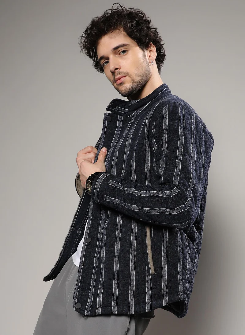 CAHOOT  Men's Navy Blue Fleece Block Denim Jacket for Men | Best Price UAE