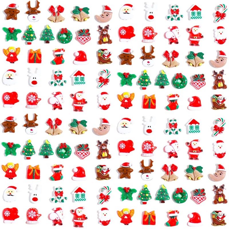 100pcs Christmas Slime Flatback Charms Assorted Craft Resin Ornaments Miniature Ornaments Set Santa Snowman Tree Bell Resin Decoration for Craft Making Ornament Scrapbooking DIY Crafts