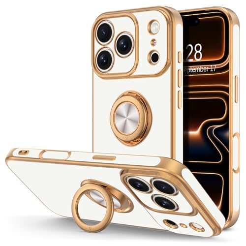 Hython for iPhone 17 Pro Max Case with Ring Stand, 360° Rotatable Ring Holder Magnetic Kickstand, Plating Rose Gold Edge Soft Cover Protective Phone Case for iPhone 17 Pro Max 6.9", White - Image 1