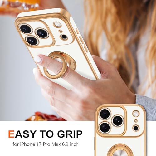 Hython for iPhone 17 Pro Max Case with Ring Stand, 360° Rotatable Ring Holder Magnetic Kickstand, Plating Rose Gold Edge Soft Cover Protective Phone Case for iPhone 17 Pro Max 6.9", White - Image 2