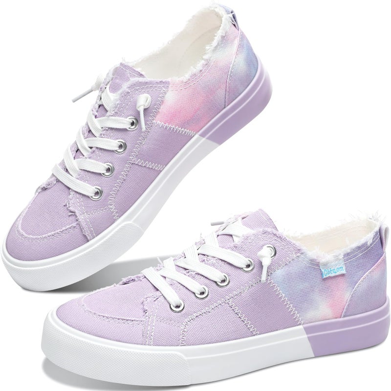 Obtaom Womens Colour Blocking Play Canvas Sneakers Cute Tie Dye Splicing Slip on Shoes Comfortable Multi Walking Shoes for Lady(Purple,US9) - Image 1