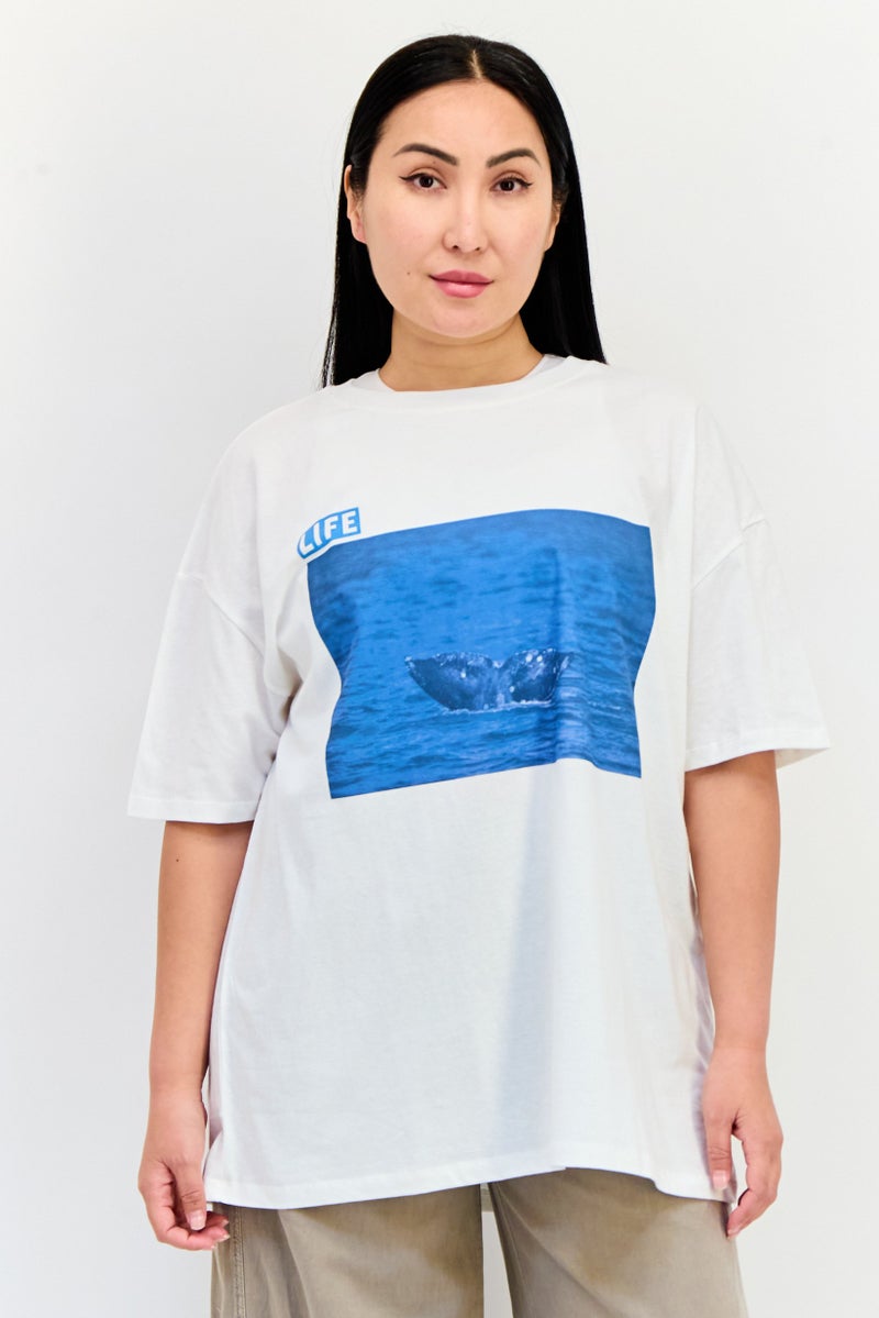Pull & Bear Pull Bear x Life Women  Crew Neck Short Sleeves Graphic Print T-shirt, white  - Image 1