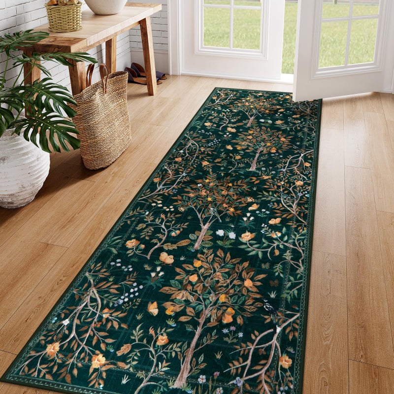 Morebes Boho Floral 2x6 Kitchen Runner Rug Washable Hallway Rug Runner Non Slip Soft Botanical Flower Indoor Floor Carpet Runner for Bathroom Entryway Laundry Room Dark Green - Image 2
