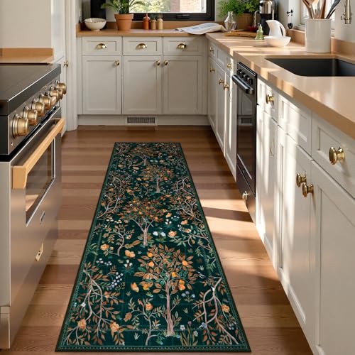 Morebes Boho Floral 2x6 Kitchen Runner Rug Washable Hallway Rug Runner Non Slip Soft Botanical Flower Indoor Floor Carpet Runner for Bathroom Entryway Laundry Room Dark Green - Image 3